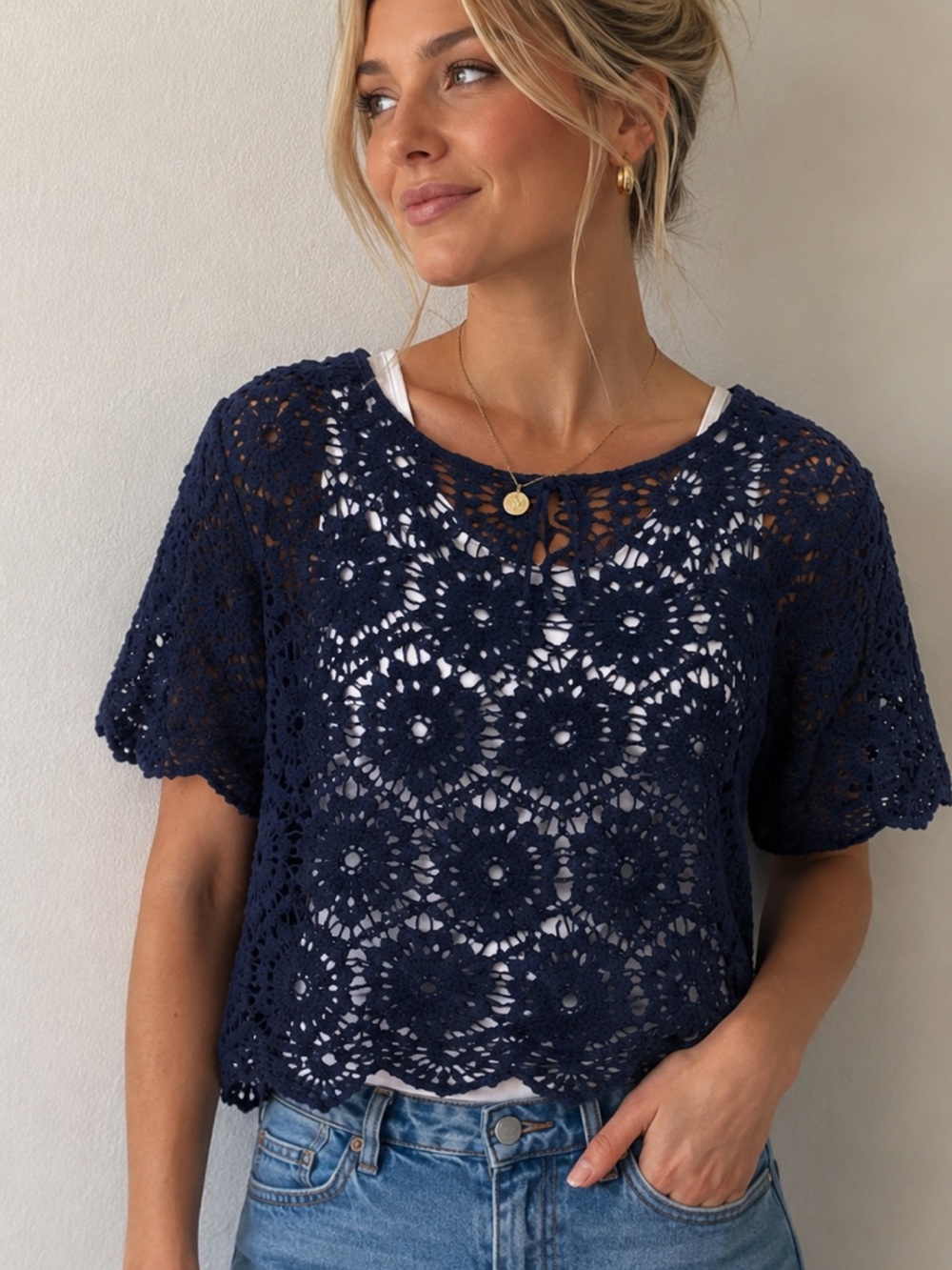 Navy Haute Monde crocheted puffed sleeve top